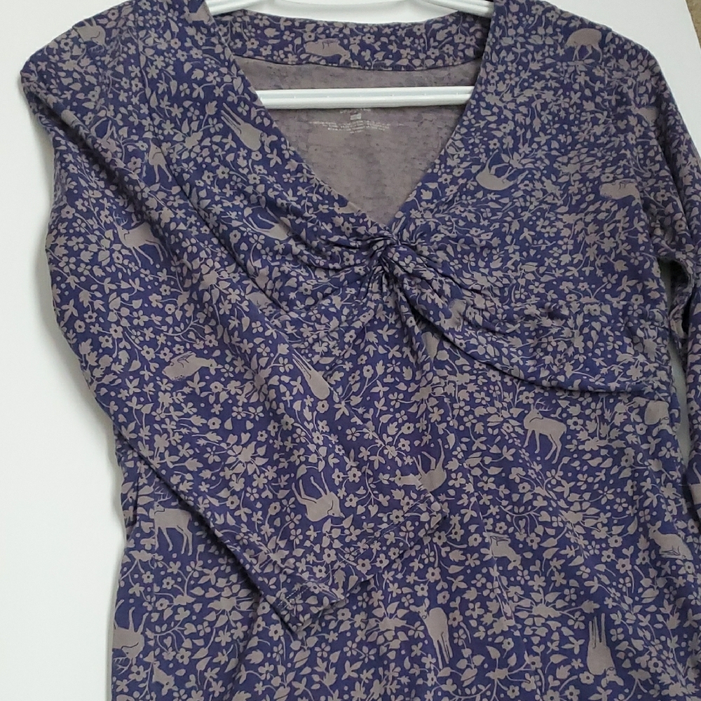 Patagonia Women's Blue Animal Patterned Ruched Organic Cotton Top Sz S Babydoll - Picture 10 of 14